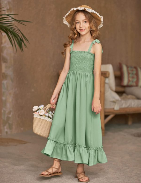 Girls Summer Dress Boho Beach Casual Smocked Maxi Dresses 6-13 Years
