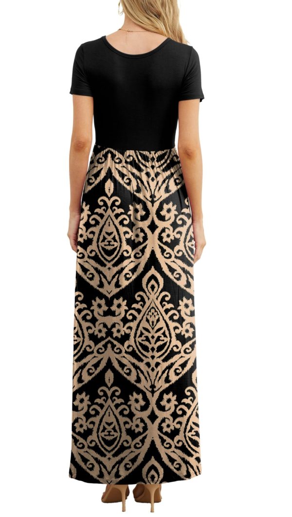 Women Summer Crew Neck Casual Short Sleeve Solid Floral Print Long Maxi Dress with Pockets
