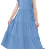 Girls Maxi Dress Kids Flutter Sleeves Boho Solid Cotton Tiered Long Dresses