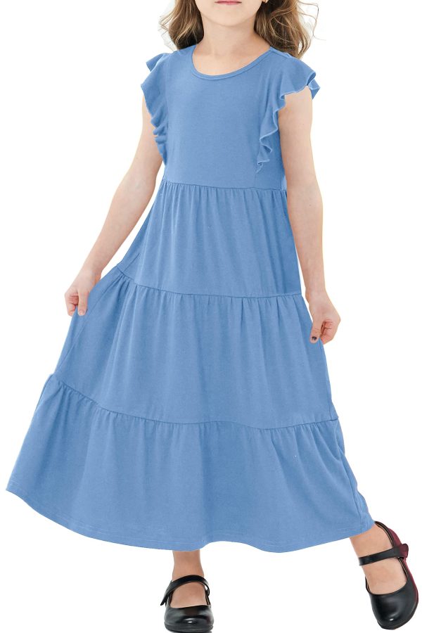 Girls Maxi Dress Kids Flutter Sleeves Boho Solid Cotton Tiered Long Dresses