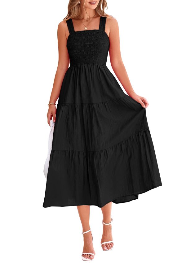 Midi Dress for Women 2025 Summer Smocked Ruffle A Line Long Flowy Dresses Cute Sleeveless Beach Sundress