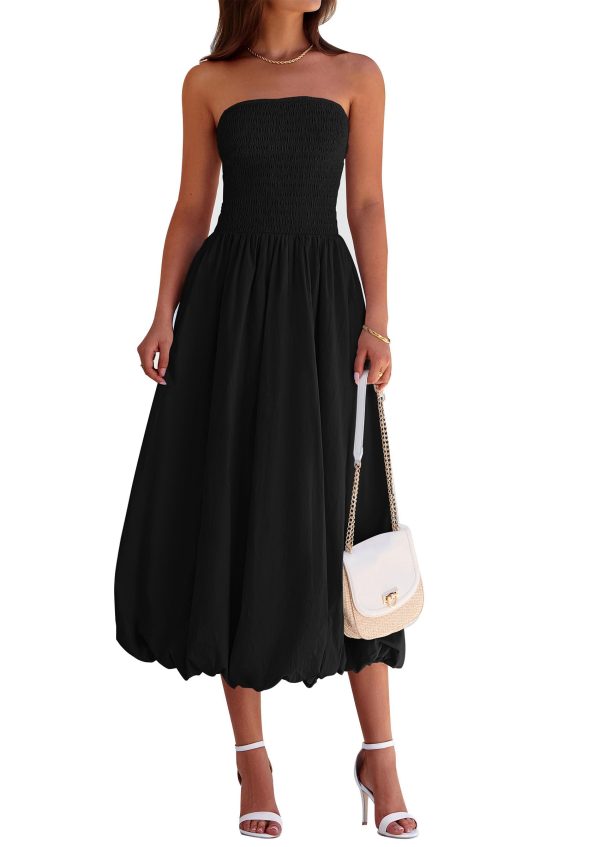 Women's 2025 Summer Strapless Tube Midi Dress Smocked A Line Bubble Long Flowy Casual Elegant Party Dresses