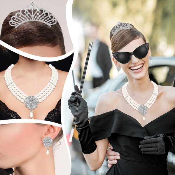 6 Pieces 1920s Accessories for Women Halloween Costume Set Pearl Dangle Pendant Necklace Earrings