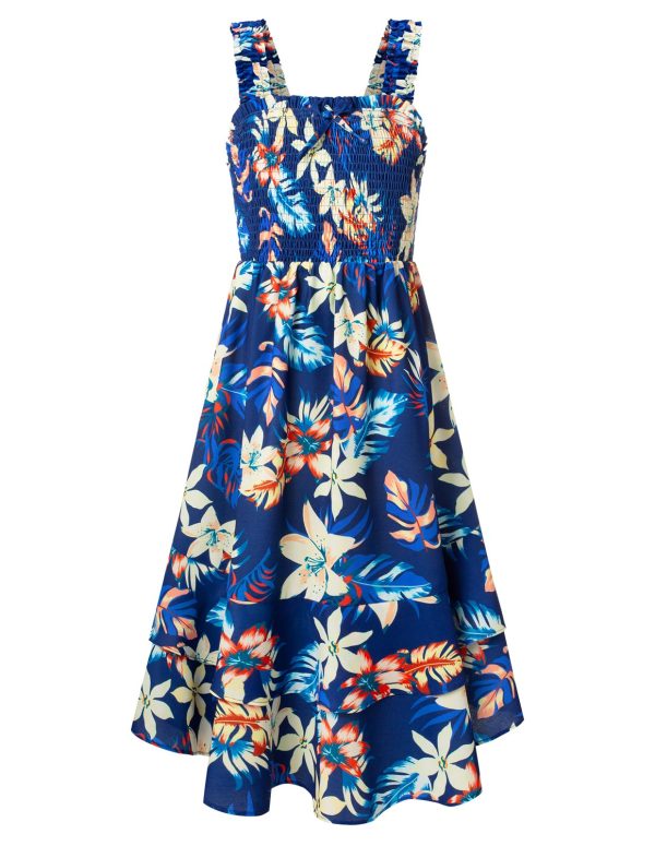 Girls Floral Maxi Dress Square Neck Wide Straps Smocked Summer Spring Flowy Dress 5-14Y