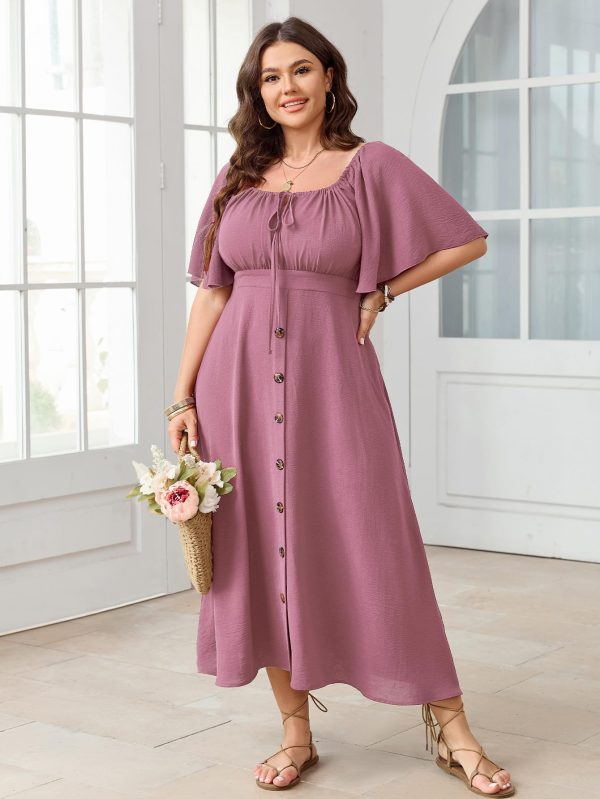 Plus Size Summer Dress Short Sleeve Square Neck Tie Front Smocked Button Down Flowy A-line Boho Maxi Long Dresses