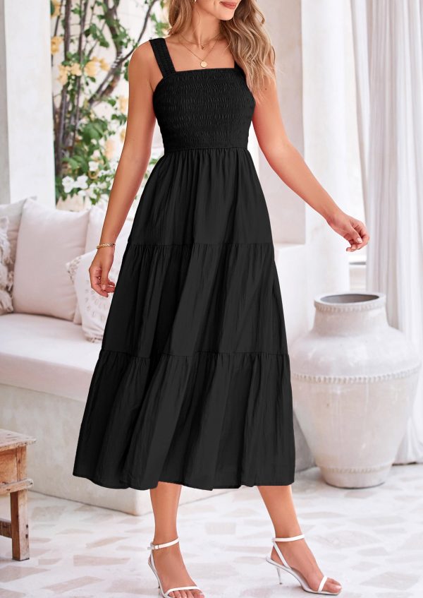 Midi Dress for Women 2025 Summer Smocked Ruffle A Line Long Flowy Dresses Cute Sleeveless Beach Sundress