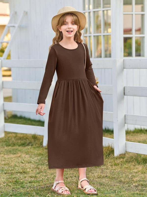 Girls Maxi Dress Long Sleeve Casual Holiday Dress with Pockets for 5-14 Years