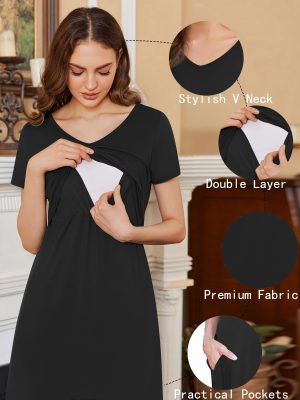 Women's Nursing Dress Summer V Neck Short Sleeve Maternity Split Long Dresses for Breastfeeding with Pockets S-XXL