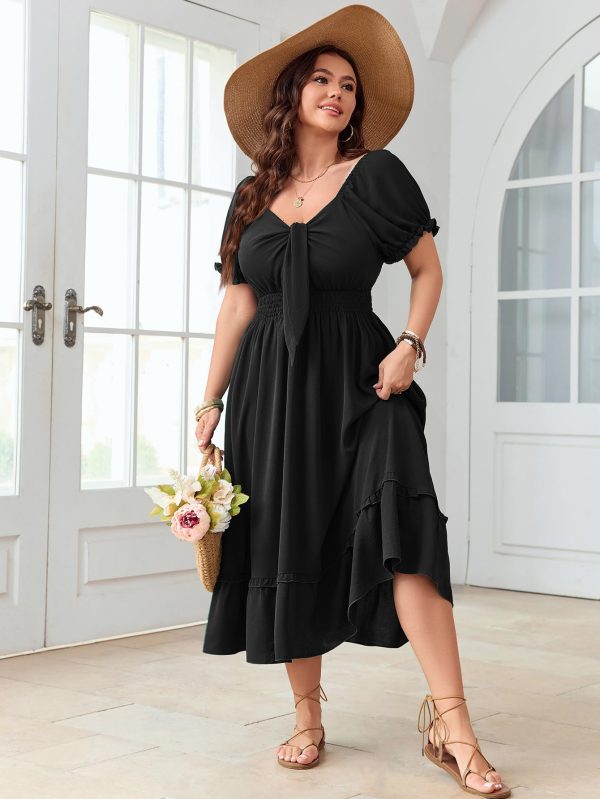 Women's Plus Size Summer Dress Casual V Neck Short Sleeve Maxi Dress Bow Tie Boho Swing Flowy Long Dresses