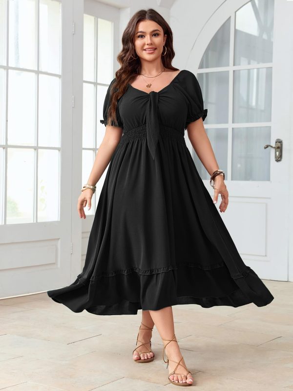 Women's Plus Size Summer Dress Casual V Neck Short Sleeve Maxi Dress Bow Tie Boho Swing Flowy Long Dresses