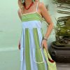 Women’s Striped Long Dress Summer Sleeveless Spaghetti Strap Front Pocket Dress Flowy Beach Sundress Clubwear
