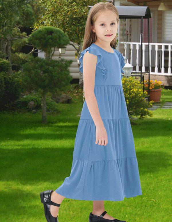 Girls Maxi Dress Kids Flutter Sleeves Boho Solid Cotton Tiered Long Dresses