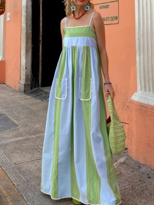 Women’s Striped Long Dress Summer Sleeveless Spaghetti Strap Front Pocket Dress Flowy Beach Sundress Clubwear