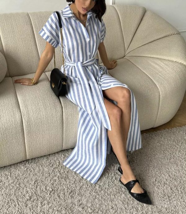 Women's Summer Short Sleeve Striped Shirt Dress Beach Maxi Long Belted Casual Button Down Dress