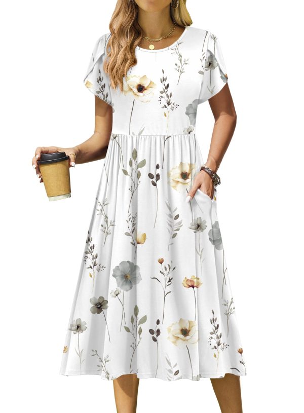 Women Summer Short Sleeve Midi Dress with Pockets Casual Aline Flowy Tshirt Dress Floral Vocation Beach Sundress