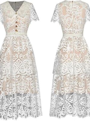 Womens Vintage Party Dress V-Neck Short Sleeve Lace Up Hollow Out Button Lace Formal Evening Maxi Long Dresses