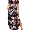 Women's Summer Maxi Dresses V Neck Cold Shoulder Short Sleeve Casual Loose Long Split Dress with Pocket