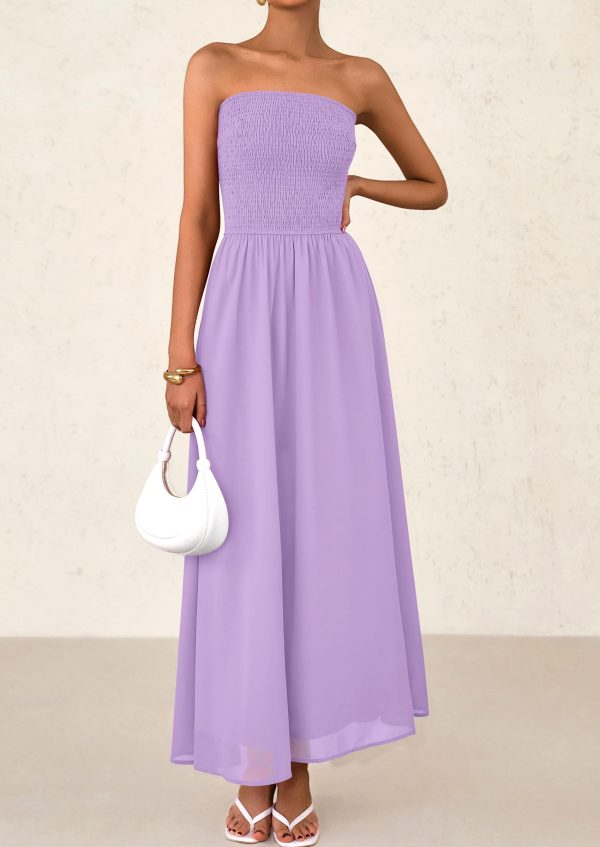 Women's Strapless Wedding Guest Maxi Dresses 2025 Summer Trendy Elegant Classy Smocked Tube Long Flowy Sundress