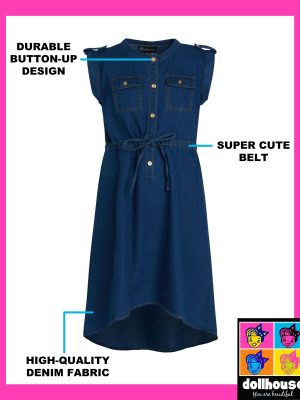 Girls' Belted Denim Dress – Durable Collar Button Up Jean Dress for Girls (Sizes: 7-16)