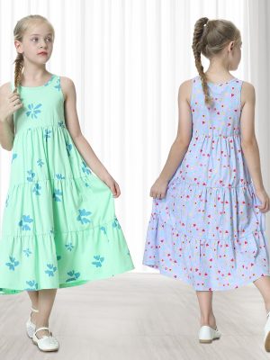 Kids Girls 100% Cotton 1 or 2 Packs Sleeveless Long Maxi Tiered Dress (Age 3-12 Years)