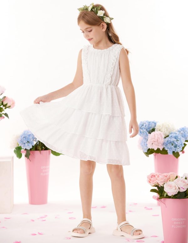 Girls Summer Sleeveless Ruffle Dress Swiss Dot Spring Sundress Flowing Tiered Layers Midi Casual Dress 5-12Y