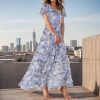 Women's Summer Short Sleeve Maxi Dresses Swing Flowy Ruffle Hem Swing Floral V Neck Chiffon Modest Dress