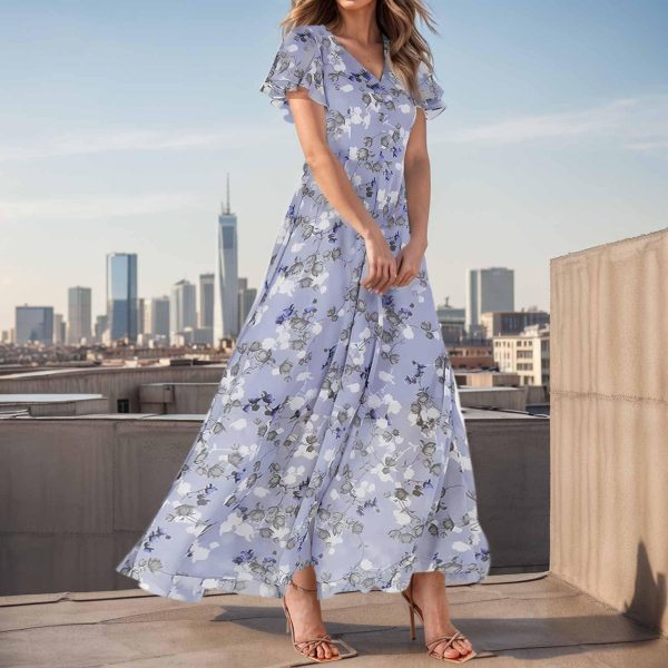 Women's Summer Short Sleeve Maxi Dresses Swing Flowy Ruffle Hem Swing Floral V Neck Chiffon Modest Dress