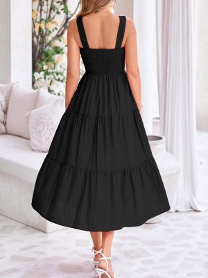 Midi Dress for Women 2025 Summer Smocked Ruffle A Line Long Flowy Dresses Cute Sleeveless Beach Sundress