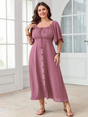 Plus Size Summer Dress Short Sleeve Square Neck Tie Front Smocked Button Down Flowy A-line Boho Maxi Long Dresses