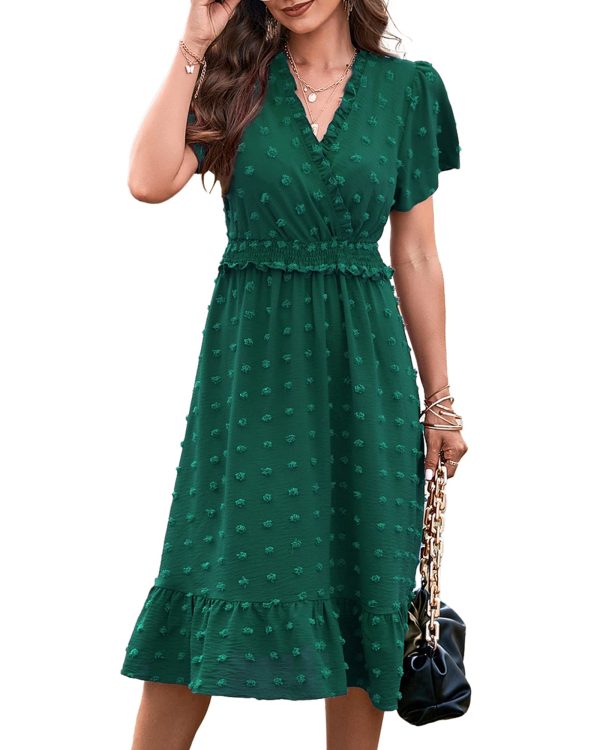 Women Short Sleeve V Neck Swiss Dot Midi Summer Dresses 2024 Boho Ruffle Long Dresses Ruffle Wedding Guest Dress