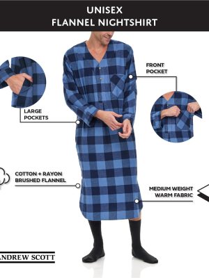 Men's 2 Pack Lightweight Cotton Flannel Sleep Shirt, Long Henley Nightshirt Pajamas