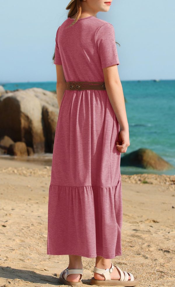 Girls Summer Maxi Dress Short Sleeve Crew Neck Casual Loose Flowy Tiered Dresses with Pockets for 6-12 Y