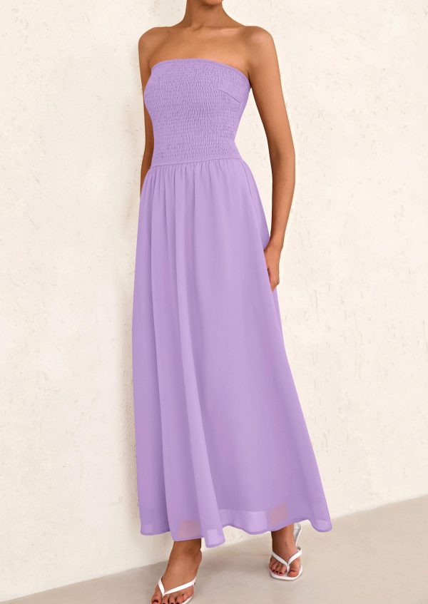 Women's Strapless Wedding Guest Maxi Dresses 2025 Summer Trendy Elegant Classy Smocked Tube Long Flowy Sundress