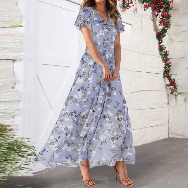 Women's Summer Short Sleeve Maxi Dresses Swing Flowy Ruffle Hem Swing Floral V Neck Chiffon Modest Dress