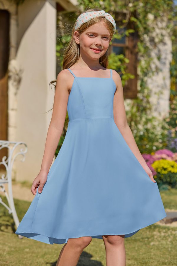 Girls' Dress Square Neck Summer Tie Back Spaghetti Straps Elegant Chiffon A-line Party Dress 7-14 Years