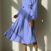 Women's Spring Midi Dress Long Puff Sleeve Wrap V Neck Flowy Ruffle Pleated Casual Fall Dresses
