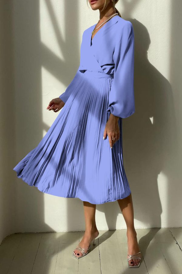 Women's Spring Midi Dress Long Puff Sleeve Wrap V Neck Flowy Ruffle Pleated Casual Fall Dresses