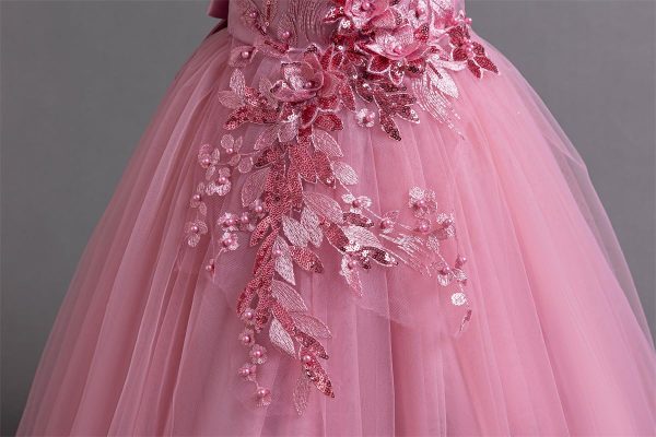 Flower Girl's Long Dress Kids Lace Princess Puff Dress Wedding Birthday Party Dress 3390