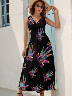 Hand Print Peace Sign Womens Casual Sleeveless Dress Maxi Long Beach Dress Sundress