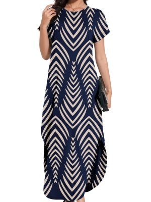 Women Summer Long Sundress Crewneck Short Sleeve Maxi Dress 2025 Casual Loose Beach Dress with Pockets