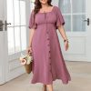 Plus Size Summer Dress Short Sleeve Square Neck Tie Front Smocked Button Down Flowy A-line Boho Maxi Long Dresses