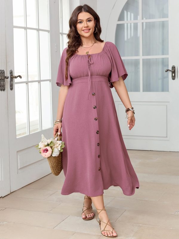 Plus Size Summer Dress Short Sleeve Square Neck Tie Front Smocked Button Down Flowy A-line Boho Maxi Long Dresses