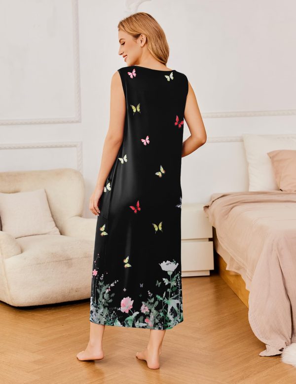 Nightgowns for Women Sleeveless Sleepshirt Long Print House Dress Tank Nightshirt Maxi Casual Dress with Pockets