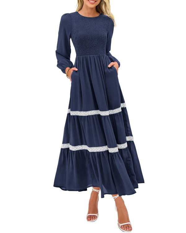 Womens Smocked Long Sleeve Maxi Dress Wedding Guest Spring Fall Boho Tiered Lace Trim Flowy Long Dresses Pockets