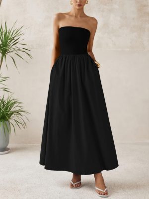 Women 2025 Summer Elegant Strapless Maxi Dress Tube Top Dress A Line Flowy Long Wedding Party Cocktail Dresses