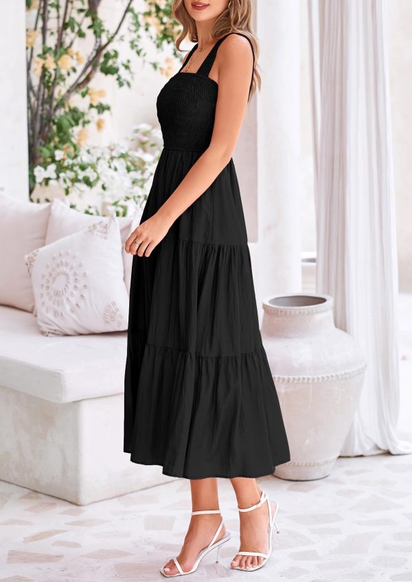 Midi Dress for Women 2025 Summer Smocked Ruffle A Line Long Flowy Dresses Cute Sleeveless Beach Sundress