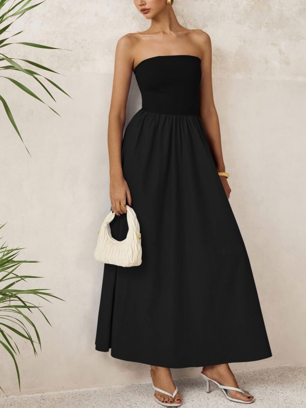 Women 2025 Summer Elegant Strapless Maxi Dress Tube Top Dress A Line Flowy Long Wedding Party Cocktail Dresses