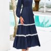 Womens Smocked Long Sleeve Maxi Dress Wedding Guest Spring Fall Boho Tiered Lace Trim Flowy Long Dresses Pockets