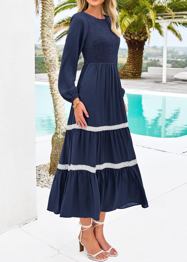Womens Smocked Long Sleeve Maxi Dress Wedding Guest Spring Fall Boho Tiered Lace Trim Flowy Long Dresses Pockets