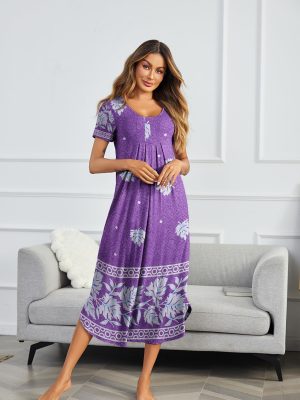 Long Nightgowns for Women House Dress Plus Size Sleepwear Pleated Full Length Loungwear S-4XL